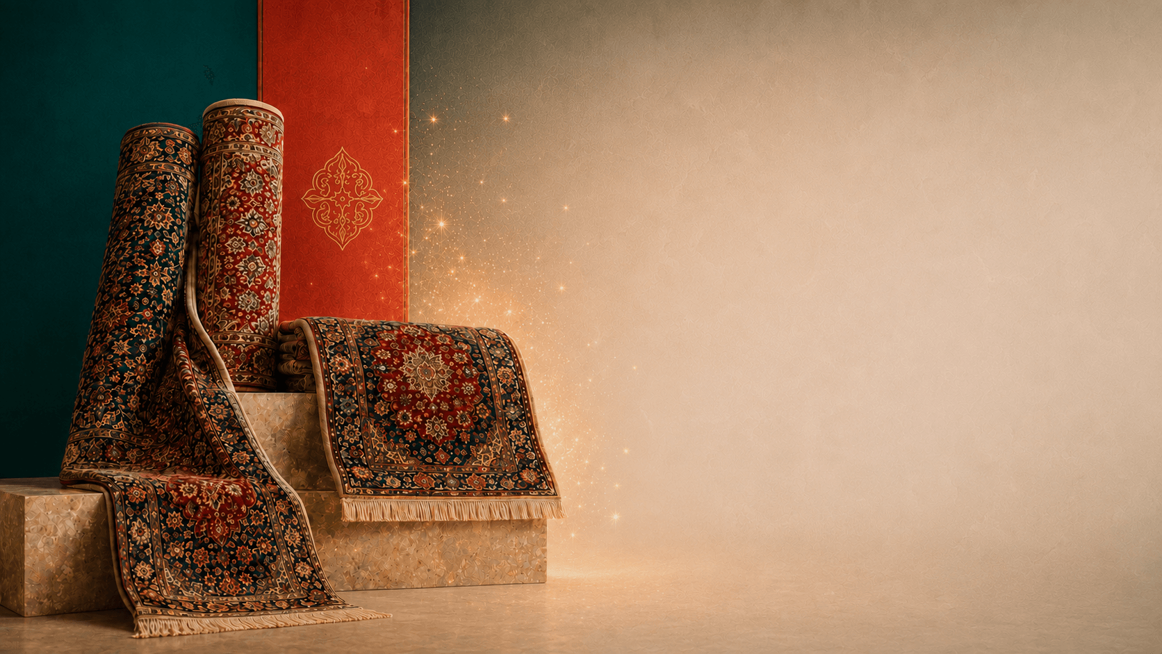 فرشهای رولشدهی جشنواره روی سکوهای سنگی، کنار دیوار فیروزهای و تابلوی مرجانی با نقش طلایی و درخشش طلایی